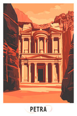 Fototapeta premium Petra, Jordan illustrated poster in retro style. Vintage travel booklet, postcard, print, cover with ruins