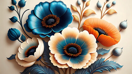 3d illustration Floral Art Stunning Poppies in Midnight Blue and Burnt Orange, Ai Image