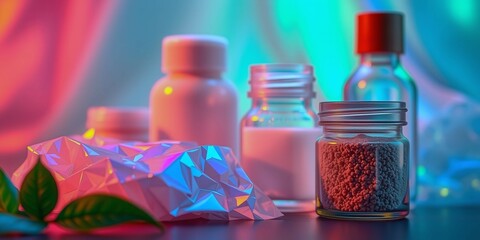 A collection of glass bottles and jars, including a jar of powder, are arranged on a table. The scene has a futuristic and abstract feel, with the bottles and jars appearing to be made of a strange