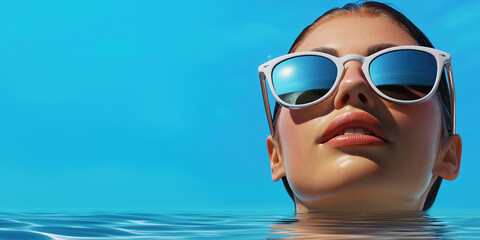 Fototapeta premium Woman in white sunglasses with water reflection. Summer fashion and lifestyle