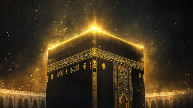 illustration of the Kaaba surrounded by soft, shining golden light, the background is a gradient from black to gold, Ai generated images