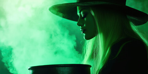 Woman in hat with green smoke and cauldron. Halloween and witch fantasy content