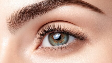 Obraz premium A close-up of a beautifully detailed eye, showcasing vibrant colors, long lashes, and well-groomed eyebrows.