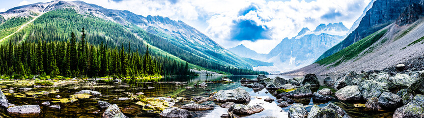 Panoramic expansive view over Consolation Lakes in Banff National Park in the Rocky Mountains of Alberta, Canada 