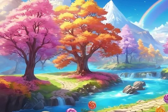 A whimsical world of candy, featuring colorful trees and a river flowing through it Nature landscapes video Generative AI