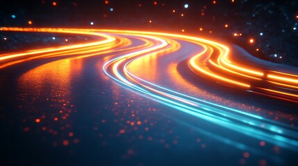 Glowing Neon Trails On A Winding Road At Night