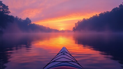 Kayaking at sunset on a still lake with mountains and vibrant colors of a sunset sky reflected on the water.