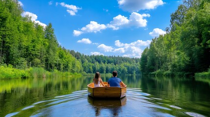 Fototapeta premium Peaceful River Escape A Couple's Serene Boat Ride Through Lush Greenery Under a Vivid Blue Sky