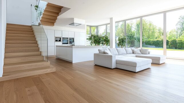 Modern home interior open-plan living space with hardwood floors, staircase, and garden view; ideal for real estate listings