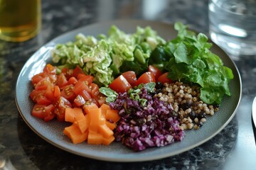 Vibrant healthy salad with various vegetables, grains, and herbs. Perfect for illustrating healthy eating, diet, or vegetarian cuisine.