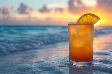 Tropical cocktail on beach at sunset with ocean waves (1)