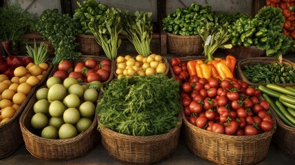 Fresh Produce Market Stall Vibrant Vegetables and Fruits in Wicker Baskets