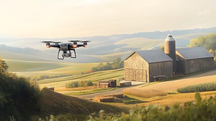 Fototapeta premium Drone Flying Over Rural Farmland and Barn