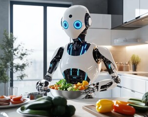 Futuristic Robot Chef Preparing Fresh Vegetables in Modern Kitchen