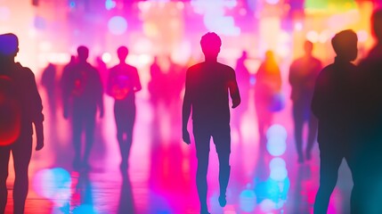 Silhouetted figures walking in vibrant, colorful light.