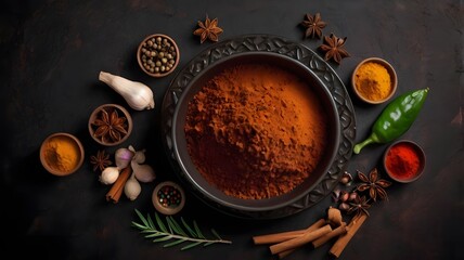 An elegant flat-lay composition of various spices arranged in dark ceramic bowls against a moody, textured background. The vibrant colors of turmeric, paprika, star anise, dried herbs, and peppercorns