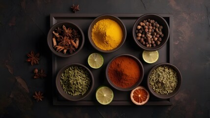 An elegant flat-lay composition of various spices arranged in dark ceramic bowls against a moody, textured background. The vibrant colors of turmeric, paprika, star anise, dried herbs, and peppercorns