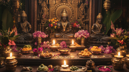 Fototapeta premium Purnima Puja altar decorated with statues of Hindu deities, fresh flowers, burning oil candles, and fruit offerings, temple wall backdrop with beautiful carvings and traditional lanterns, Ai generated