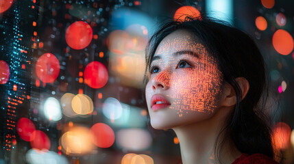 Woman's face with futuristic digital overlay at night.