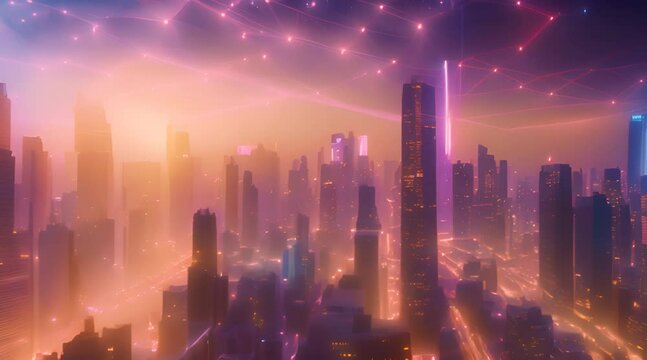 City at sunset with a network grid overlay, glowing orange and pink sky, tall skyscrapers casting long shadows