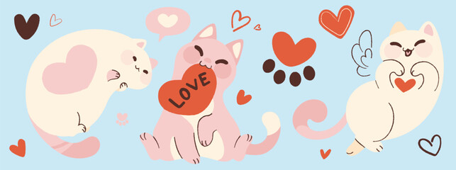 Cute cartoon cats with hearts set on blue backdrop - pink and white adorable kittens. Funny pets with Valentine day romantic mood, paw prints, expressions and love signs. For romantic greeting card.