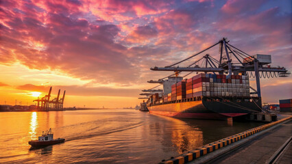 Fototapeta premium Container ship moored in port surrounded by cargo cranes against sunset background. The grandeur of global trade, transportation and logistics.