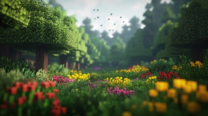 Serene Pixelated Forest Path with Blooming Flowers