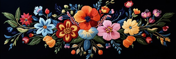 Colorful floral embroidery design with detailed stitching on a dark background textile art