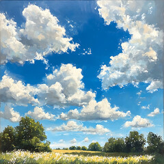 A painting of a blue sky with clouds and a field of grass