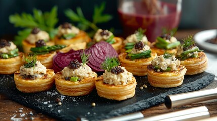 Gourmet appetizers on a dark slate platter