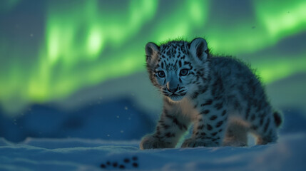 Obraz premium A dreamy photograph of a snow leopard cub playing under the Aurora Borealis in a snowy tundra. The vivid greens and purples of the aurora cascade down, reflecting on the icy terrain. The cubâ€™s playf