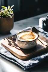 Rustic creme brulee in hand-thrown ceramic ramekin amidst soft lighting