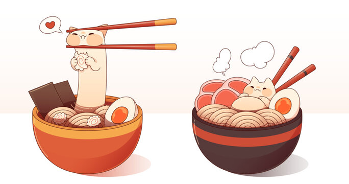 Cute cartoon cats transformed into ramen ingredients - feline emerging from noodles with chopsticks, tiny pet resting on steaming meat slice. Japanese food bowls filled with eggs, naruto swirls.
