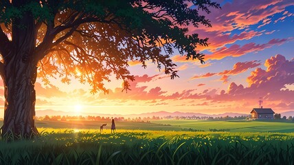 sunset in the field. anime