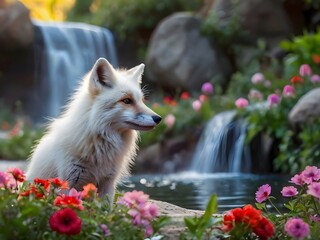 A serene fox surrounded by vibrant flowers and cascading waterfalls, embodying nature's tranquility and beauty