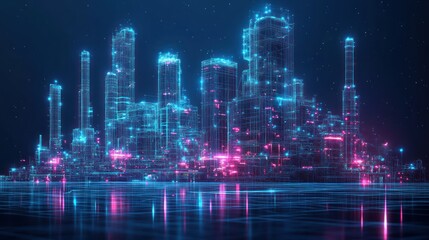 Neon city skyline at night with reflections