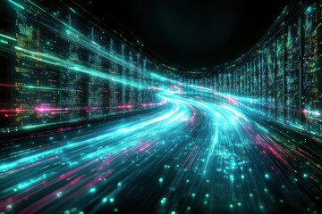 Light trails in futuristic digital cityscape at night