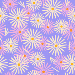 Seamless pattern with white and pink daisies on a purple background. Vector graphics.