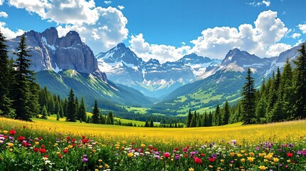 A stunning alpine meadow filled with vibrant wildflowers, framed by dramatic rocky peaks and lush green forests under a radiant, golden sunlit sky.