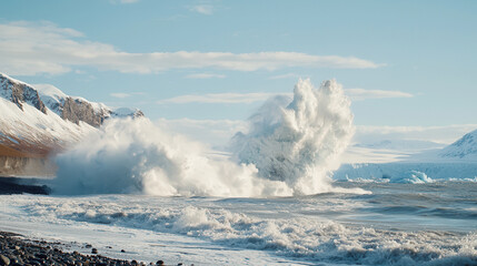 dramatic scene of glacier breaking apart, sending icy waves crashing onto rocky shore under clear sky