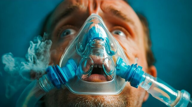 Man Wearing Oxygen Mask Breathing Difficulty