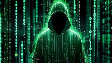 Mysterious Hacker in a Digital Matrix Background