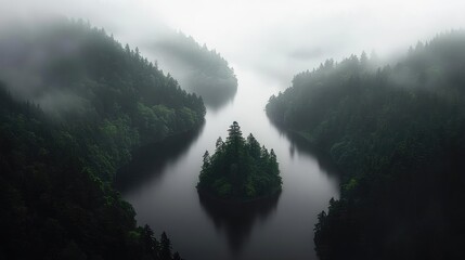 Obraz premium Misty river valley island aerial view, nature scene