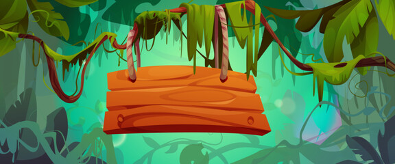 Wooden signboard hanging on ropes in tropical jungle environment. Brown planks among wild vegetation, lush leaves, vines and moss. Empty banner frame surrounded by forest foliage for game interface.