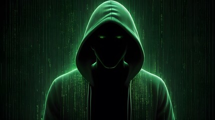 Mysterious Hacker in a Digital Matrix Background