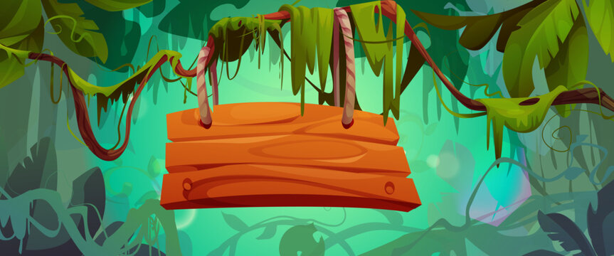 Wooden signboard hanging on ropes in tropical jungle environment. Brown planks among wild vegetation, lush leaves, vines and moss. Empty banner frame surrounded by forest foliage for game interface.