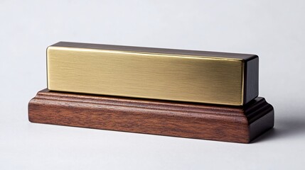 Gold brass nameplate on wooden base, isolated background; for corporate identity design. Generative ai