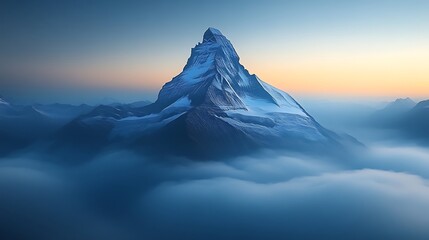 Majestic snow capped mountain peak above clouds at sunset