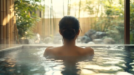 beautiful Japanese woman soaking in a hot spring