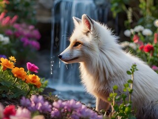 A serene fox surrounded by vibrant flowers and cascading waterfalls, embodying nature's tranquility and beauty